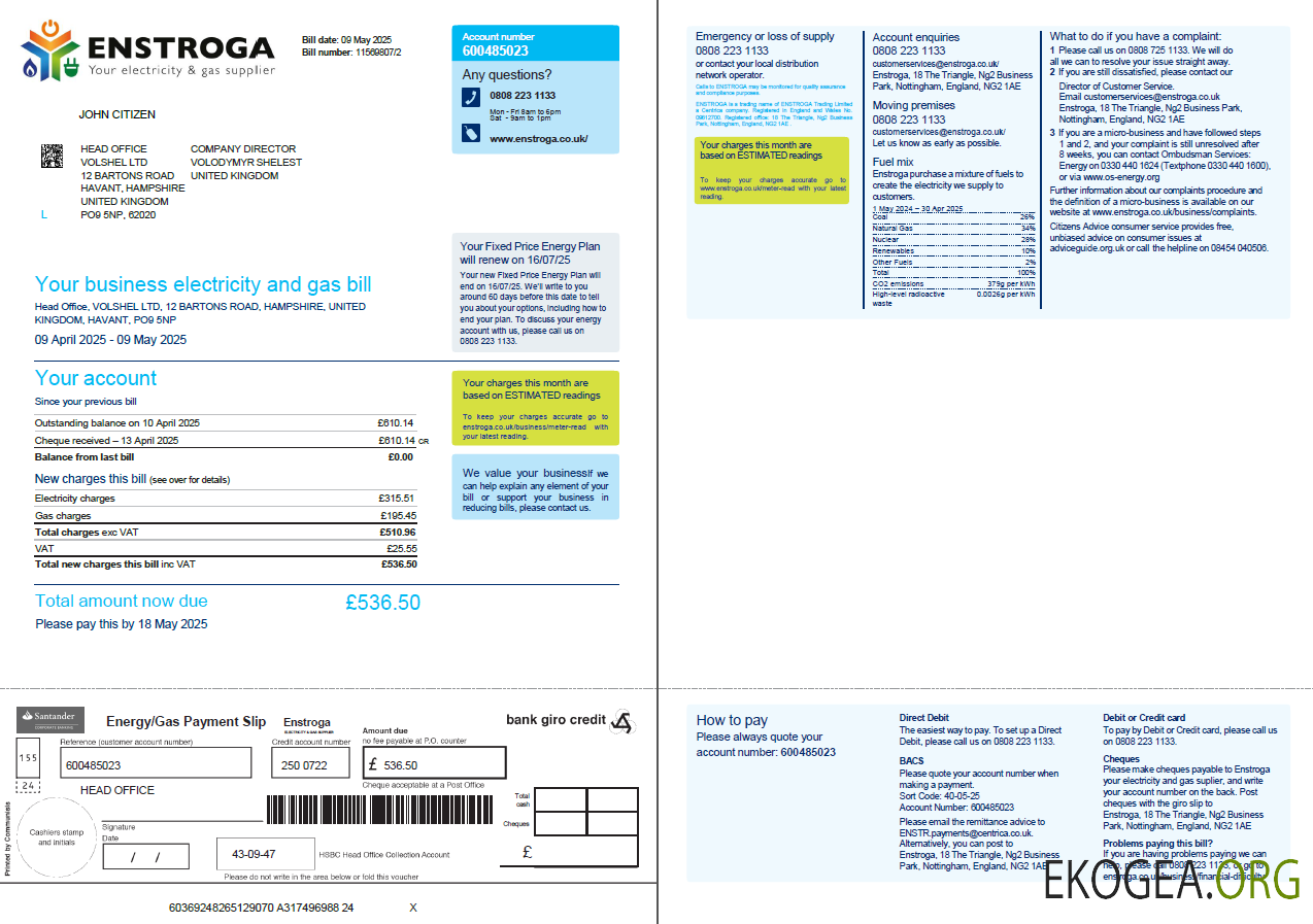 United Kingdom Enstroga utility bill template in Word and PDF formats, 2 pages